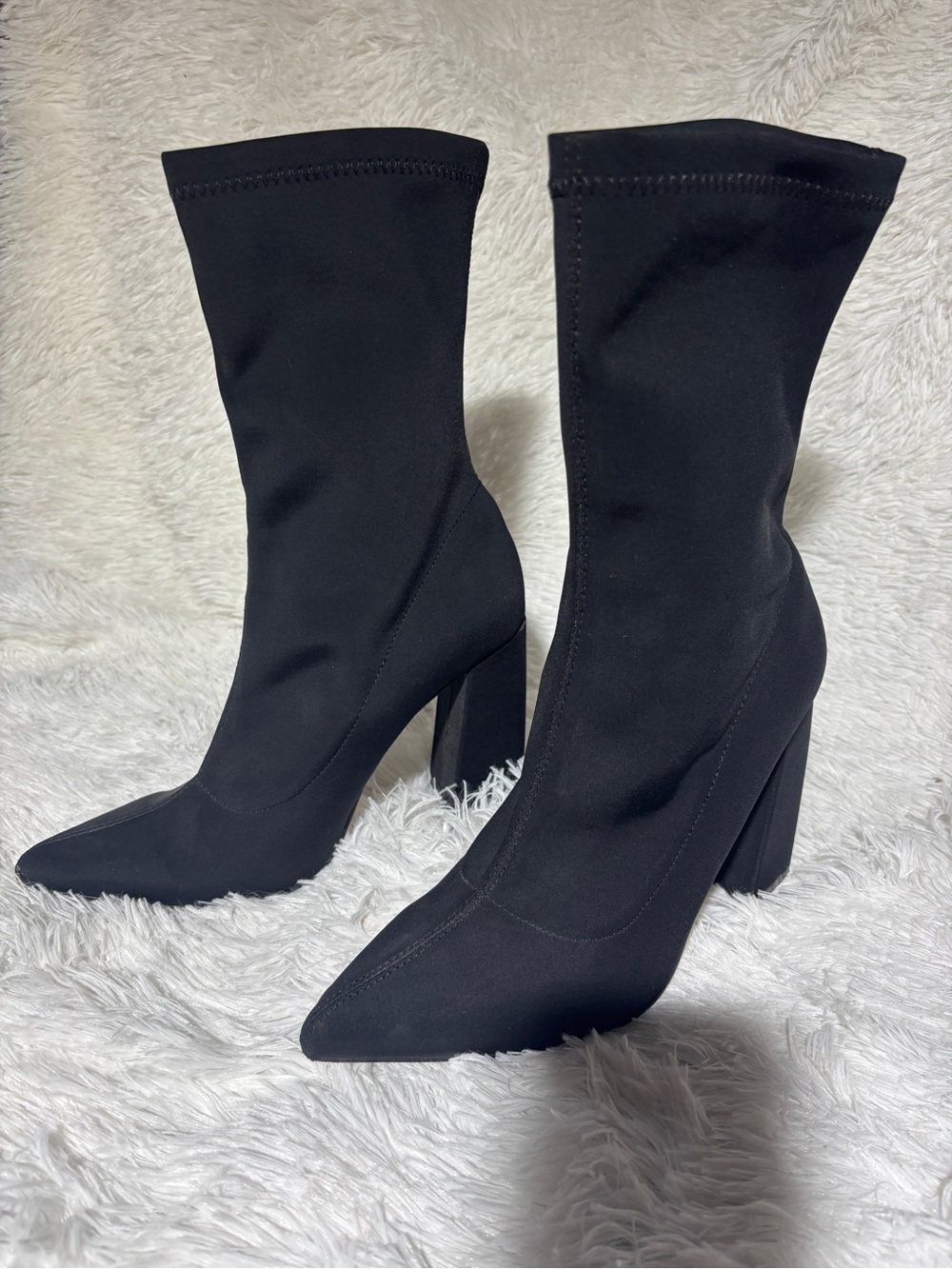 Mid-Calf Black Stretch Sock Boots with Block Heel